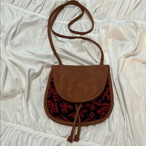 Women’s crossbody purse brown faux leather red and black geometric pattern small